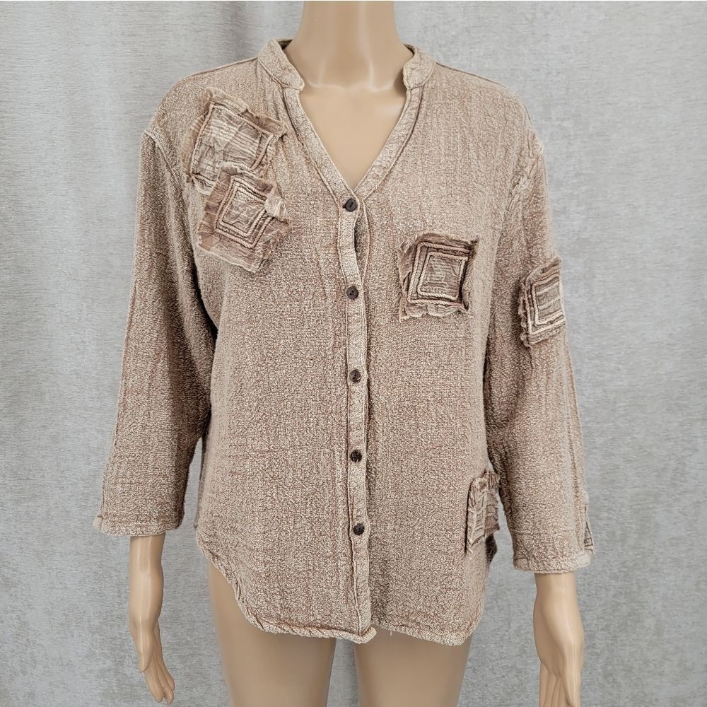 Sacred Threads Boho Cotton Patchwork Neutral Butt… - image 1